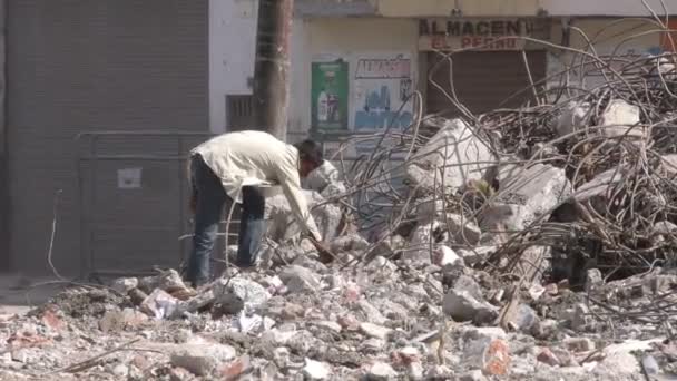 Man Searching For Precious Cooper Wire In Earthquake Destroyed Building — Stock Video