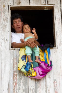 Baba ve oğlu Quechua aile