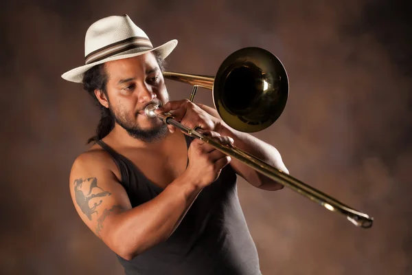 Afro Man Playing Trombone — Stock Photo, Image