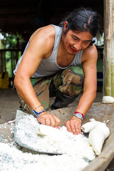 Preparação de mandioca pelo homem adulto indígena — Fotografia de Stock