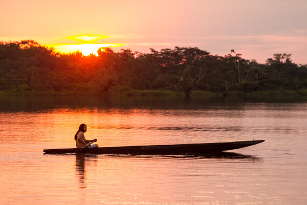 Cuyabeno Ecuador Sunset With Canoe