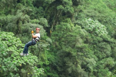 Adult Man On Zip Line Against Green Forest clipart
