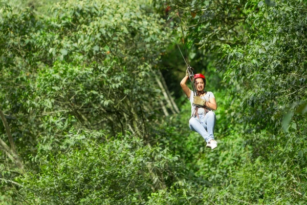Mujer joven adulta en tirolina sobre el dosel del árbol —  Fotos de Stock