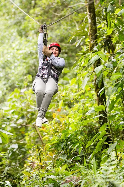 Adult Woman Hanging From Zip Line — Stock Photo, Image