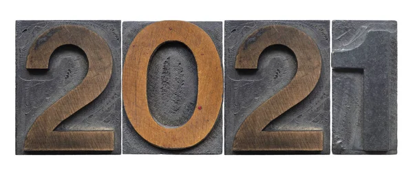 Wooden 2021 Letterpress Numbers Isolated White Background — Stock Photo, Image