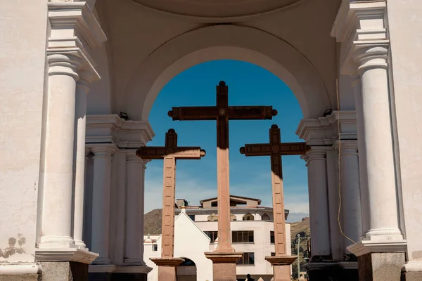 three crosses at the place of Basilica of Our Lady of Copacabana in Bolivia