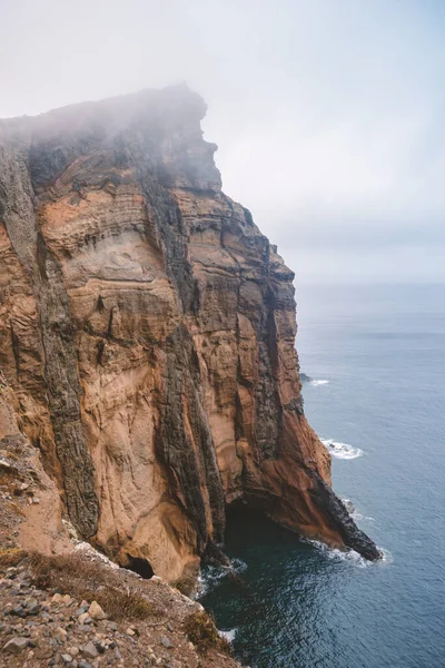 Steep Rocky Cliff Madeira Island Foggy Morning — Stock Photo, Image