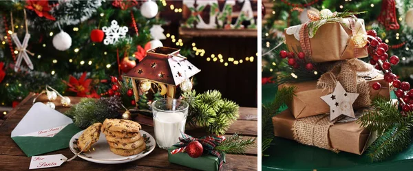 Санта Клауса Чекає Склянка Молока Печива Купа Різдвяних Подарунків Від — стокове фото