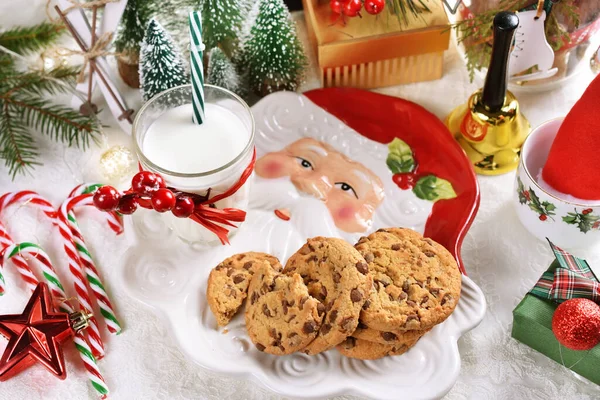 Glass Milk Cookies Festive Table Santa Claus Coming Christmas — Stock Photo, Image