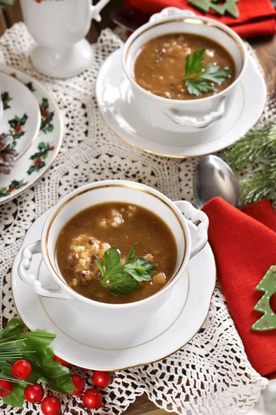 Traditional Christmas Eve Mushroom Soup Barley Festive Table Top View — Stock Photo, Image