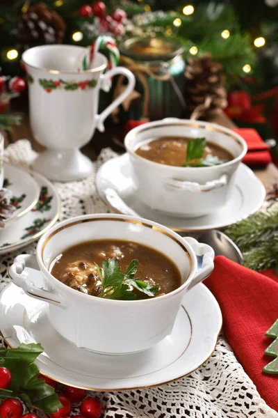 Traditional Christmas Eve mushroom soup with barley on festive table — Stock Image Traditional Christmas Eve Mushroom Soup Barley Festive Table Stock Photo