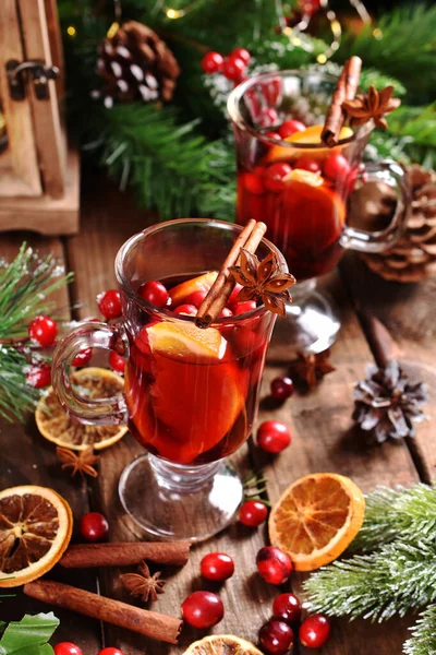 Two Glasses Mulled Wine Orange Cranberries Spices Wooden Table Christmas — Stock Photo, Image