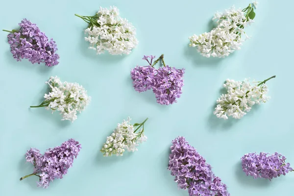 Primavera Plana Con Ramas Flores Color Lila Blanco Púrpura Acostado —  Fotos de Stock