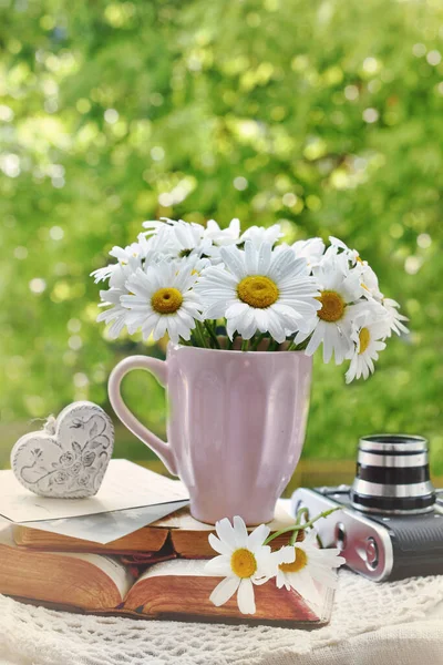 Bunch Marguerite Flowers Pink Cup Opened Vintage Books Camera Table — ストック写真