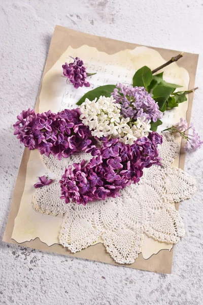 Vintage Στυλ Επίπεδη Θέσει Λουλούδια Λιλά Χρώμα Παλιό Φύλλο Χαρτί — Φωτογραφία Αρχείου