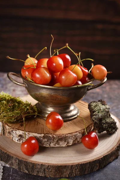 Still Life Fresh Yellow Red Sweet Cherries Rustic Style — Stock Photo, Image