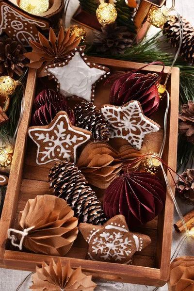 Christmas Decorations Homemade Gingerbread Cookies Wooden Box Table Top View — Stock Photo, Image