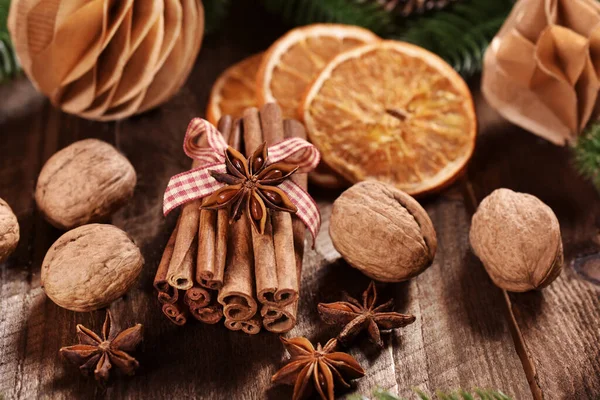 Cinnamon Sticks Anise Stars Dried Orange Slices Nuts Christmas Baking — Stock Photo, Image