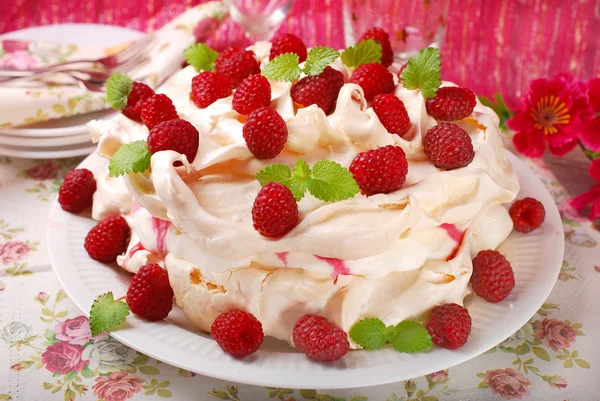 Pavlova cake with raspberries — Stock Photo, Image