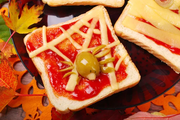 Funny sandwich with spider web for halloween — Stock Photo, Image