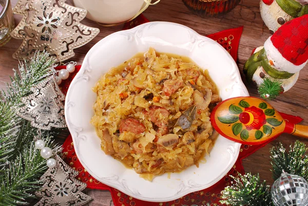 Sauerkraut with mushrooms and sausage for christmas — Stock Photo, Image