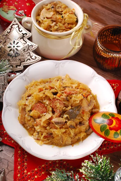 Sauerkraut with mushrooms and sausage for christmas — Stock Photo, Image