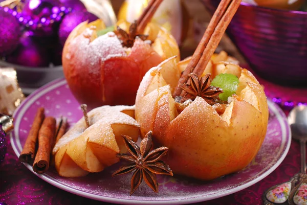 Baked apples with nuts and raisins for christmas — Stock Photo, Image