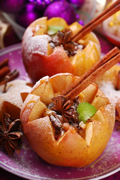 Baked apples with nuts and raisins for christmas — Stock Photo, Image