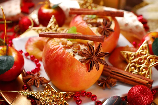 Baked apples with cheese and raisins for christmas — Stock Photo, Image