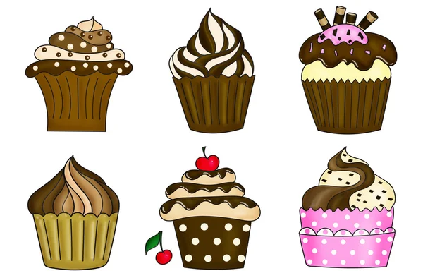 Six cupcakes collection isolated on white — Stock Photo, Image