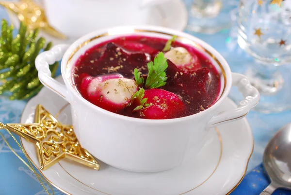 Red borscht with ravioli for christmas — Stock Image Red borscht with ravioli for christmas Stock Picture