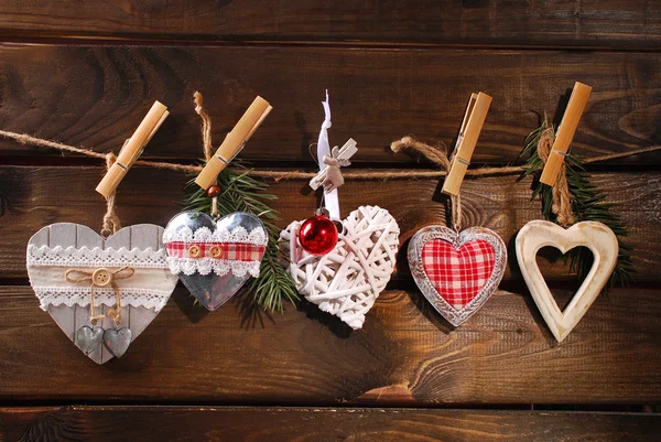 Christmas hearts collection hanging on twine — Stock Photo, Image