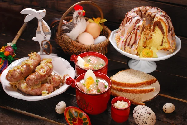 Easter traditional dishes on rural wooden table — Stock Image Easter traditional dishes on rural wooden table Stock Photo