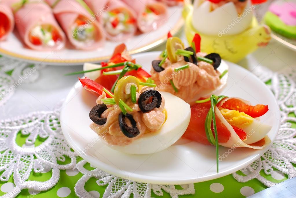eggs with tuna spread and olives for easter breakfast
