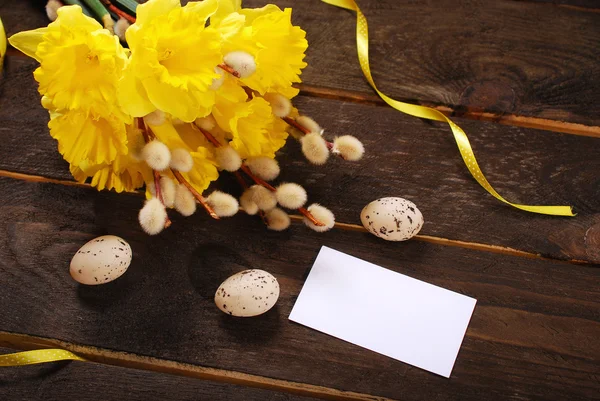 Mazzo di narcisi con catkins e carta bianca per greeti pasquali — Foto Stock