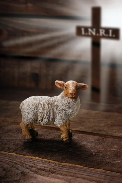 Concept de Pâques avec agneau et symbole de croix — Photo