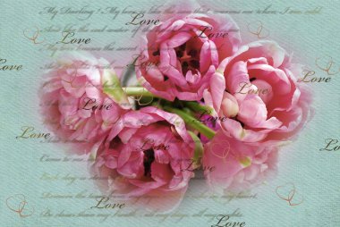 vintage love background with pink tulips in vase clipart