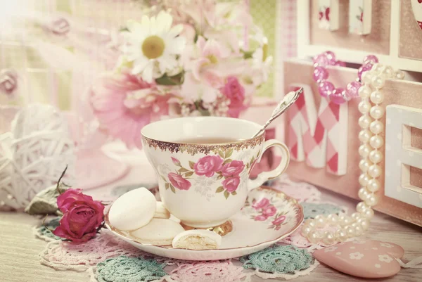 Tempo de chá em estilo vintage romântico — Fotografia de Stock