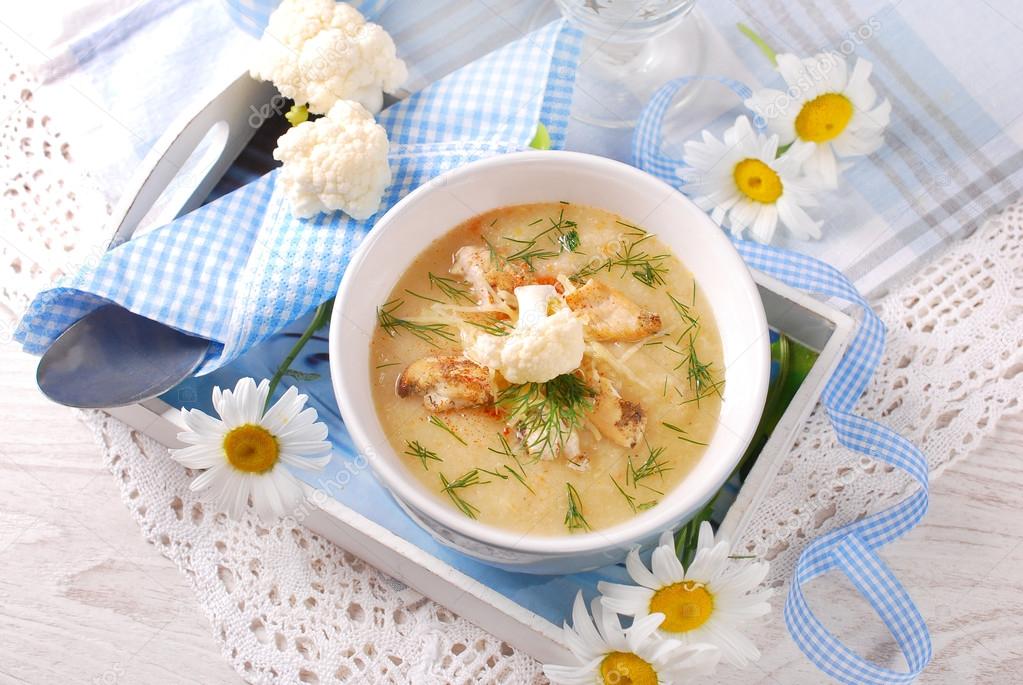 cauliflower cream soup with chicken and parmesan cheese