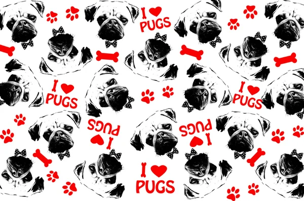 Black,red and white graphic style pug dogs background — Stockfoto