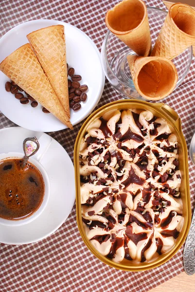 Ice cream box,coffee and waffle cones — Stock Photo, Image