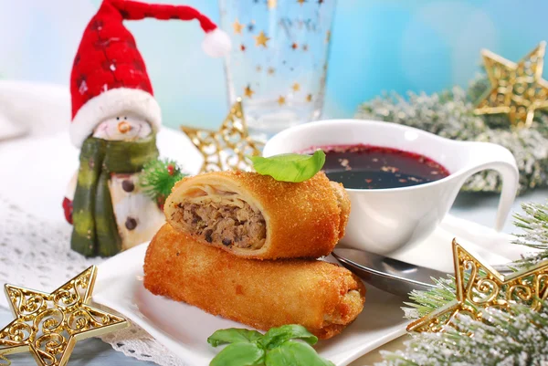 Croquettes and red borscht for christmas eve — Stock Image Croquettes and red borscht for christmas eve Stock Photo