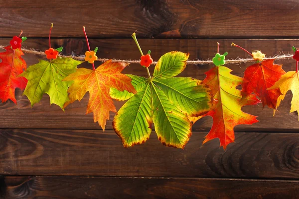 Hojas de otoño colgando de una cuerda sobre fondo de madera — Foto de Stock