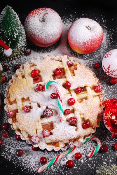 Яблучний пиріг з журавлиною на Різдво в зимових декораціях — стокове фото
