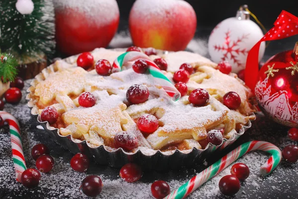 Appeltaart met cranberry voor Kerstmis in de winter landschap — Stockfoto