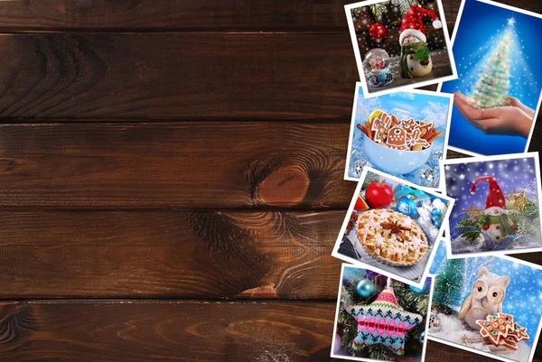 Houten achtergrond met afbeeldingen Kerstcollecte — Stockfoto