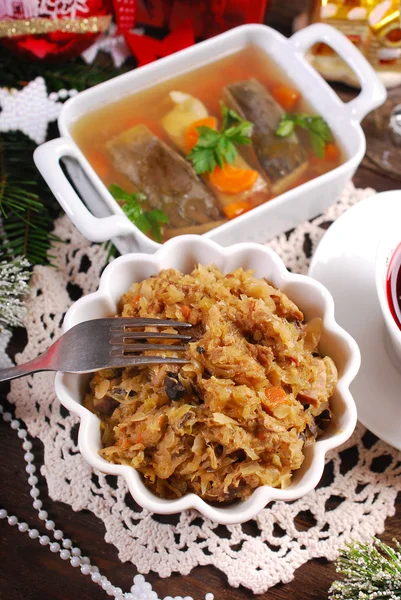 Sauerkraut with mushrooms and carp in jelly for christmas eve su — Stock Photo, Image