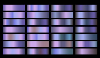 Holografik Gradyan vektör seti. Parlak, holografik, inci, neon, krom metalik, açık mor renkler