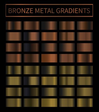Bronze, copper metal gradient vector colorful texture set. Metallic alloy background swatch templates for banner, screen, mobile, label, tag. Metal color gradient vector design clipart
