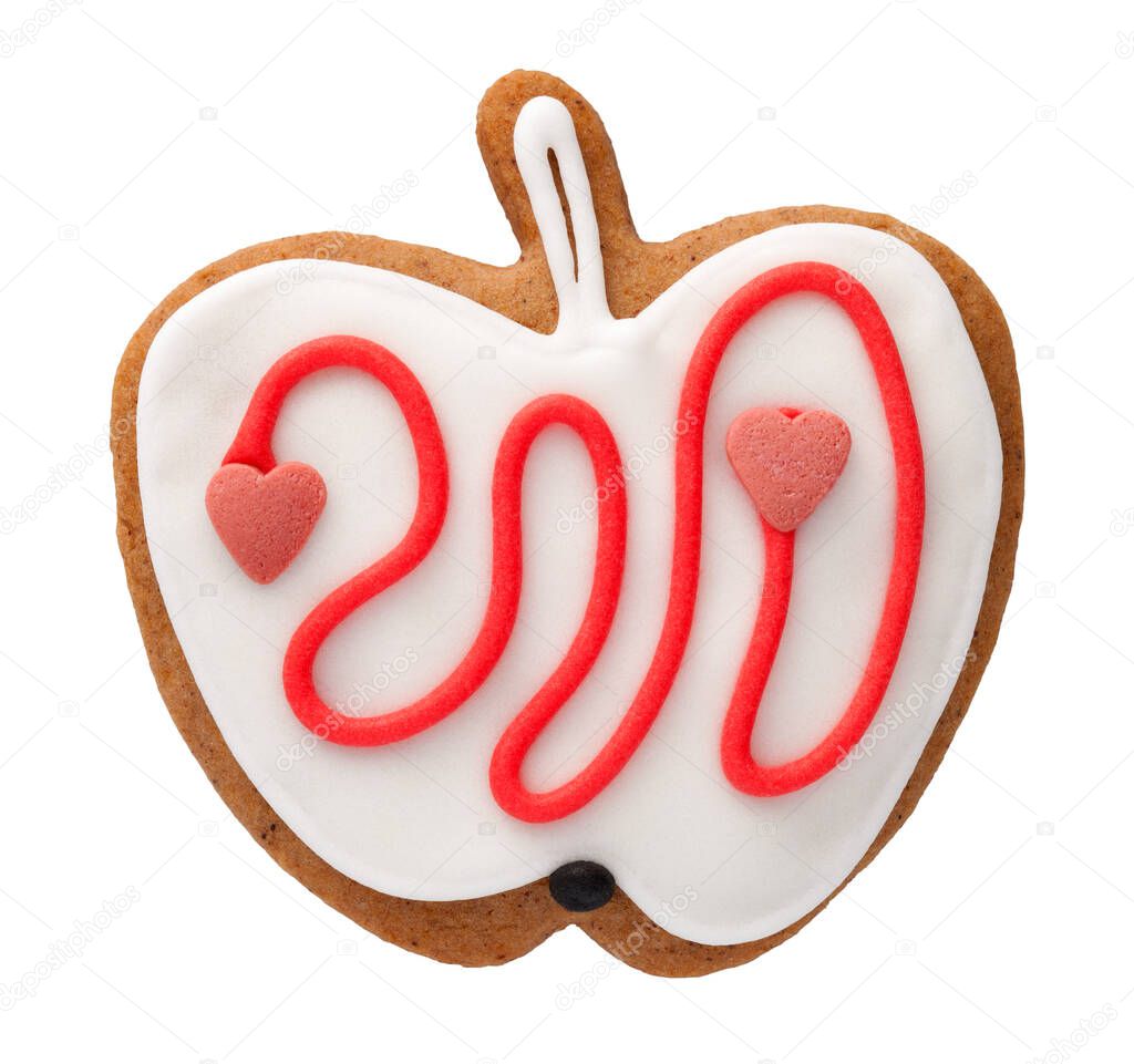 Gingerbread cookie in shape of apple for christmas isolated over white background